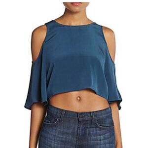 Elle Sasson 100% Silk Teresa Navy Blue Cold Shoulder Flutter Keyhole Crop Blouse